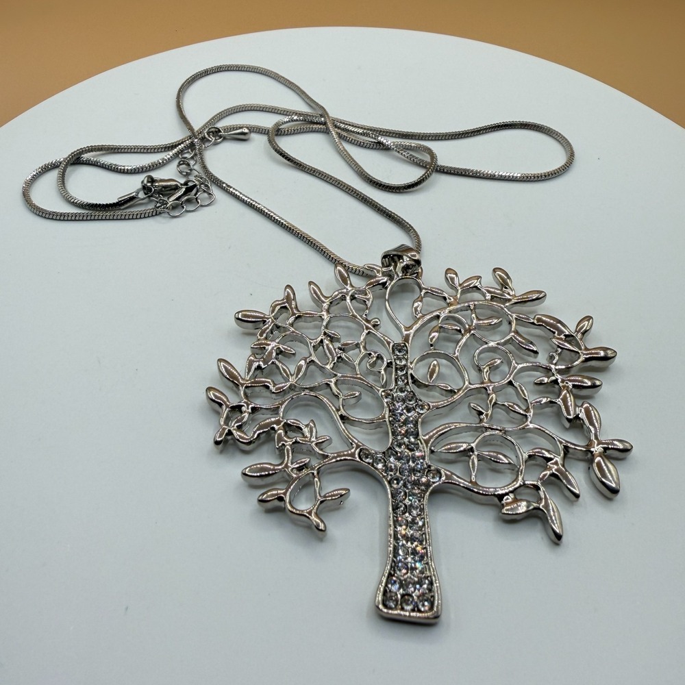 Silver Tone Rhinestone Tree of Life Pendant Necklace Snake Chain Statement Gift